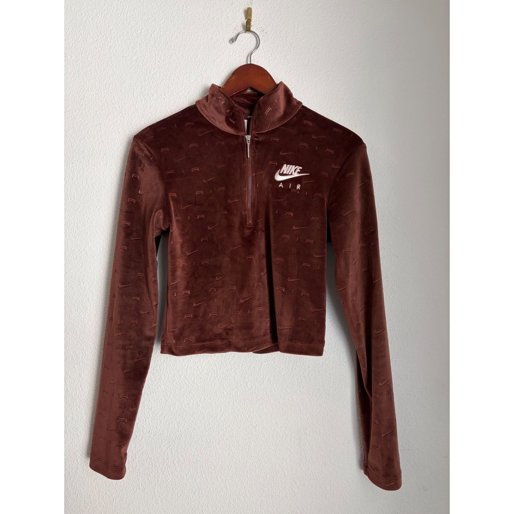 Nike Air Womens Velour Quarter Zip Cropped Long Sleeve Top Brown Embossed Small